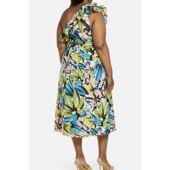 Donna Morgan Women's Cotton Floral Ruffle One Shoulder Midi Dress 14W Artsy Bold - Picture 2 of 14